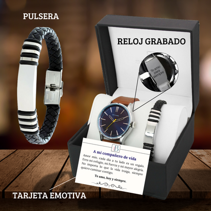 Reloj grabado con pulsera y tarjeta emotiva 🤎