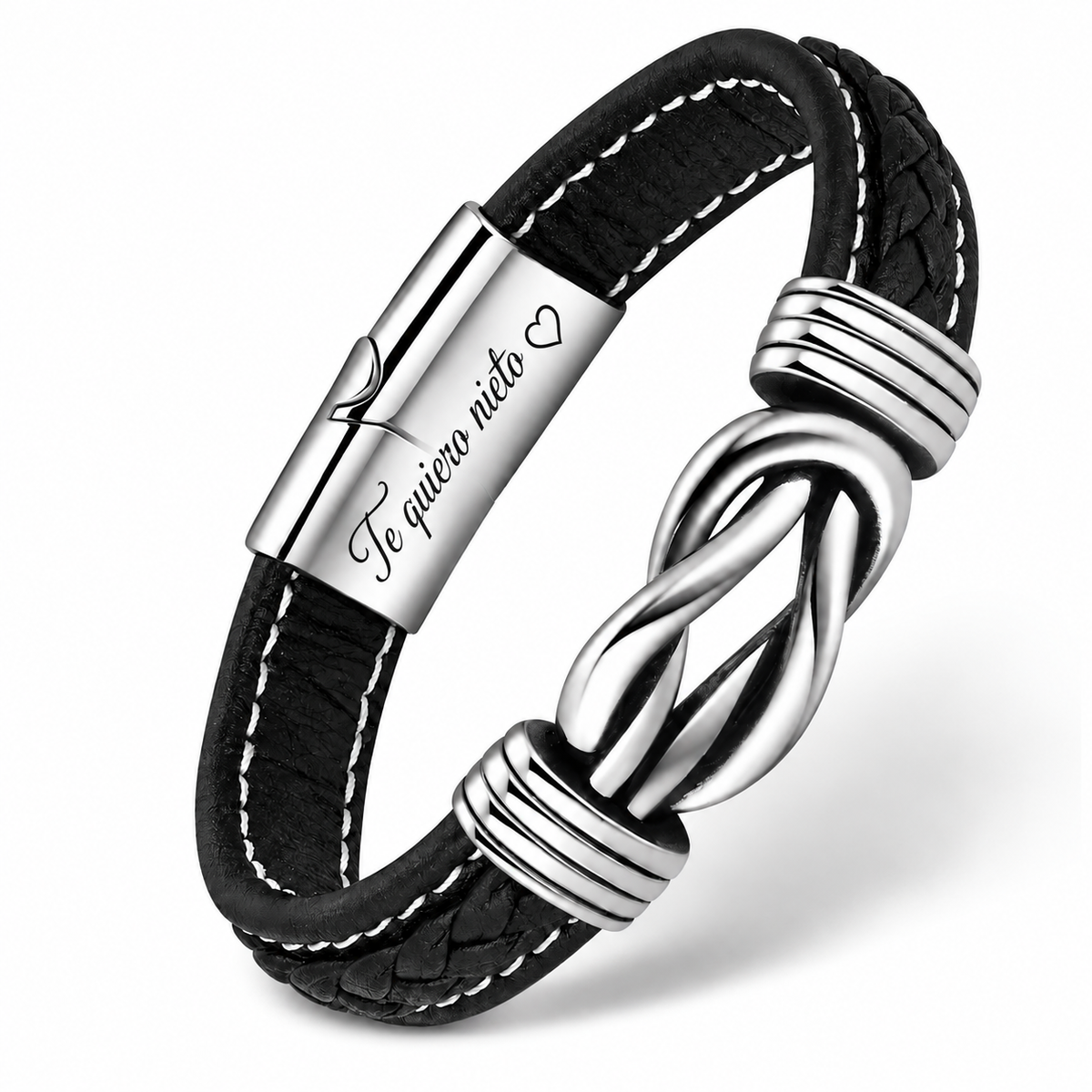 Pulsera de cuero y plata grabada para nieto
