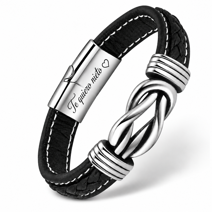 Pulsera de cuero y plata grabada para nieto