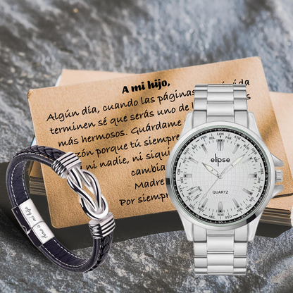 Pack de Regalo para Padre o Hijo: Reloj de Cuarzo y Pulsera de Cuero