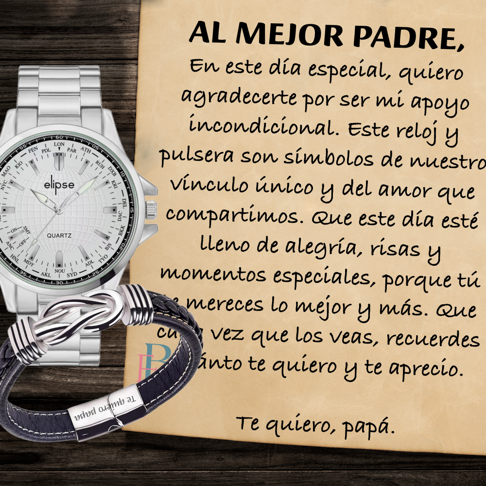 Pack de Regalo para Padre o Hijo: Reloj de Cuarzo y Pulsera de Cuero