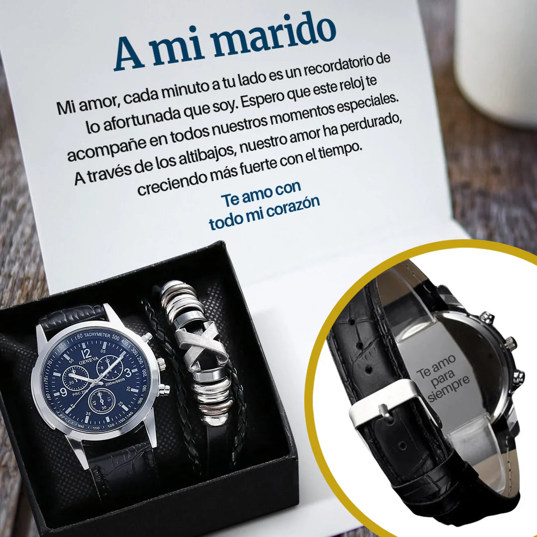 Reloj de Cuarzo Grabado, Pulseras de Cuero y Tarjeta con Dedicatoria Emotiva ❤️