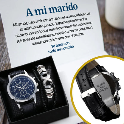 Reloj de Cuarzo Grabado, Pulseras de Cuero y Tarjeta con Dedicatoria Emotiva ❤️