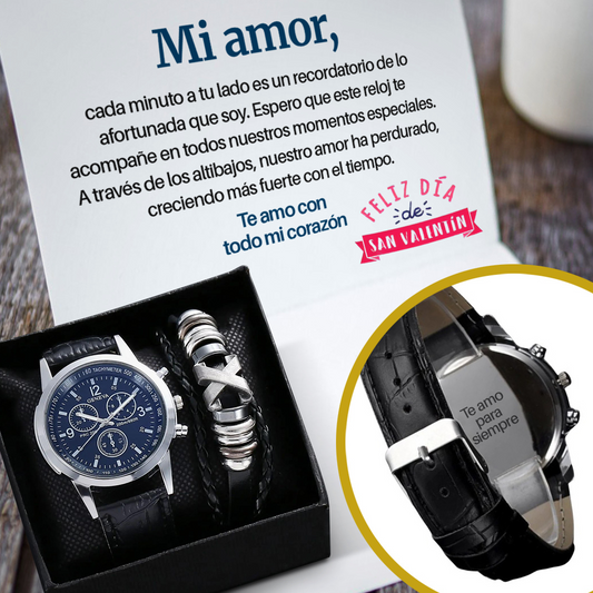 RELOJ DE CUARZO CON GRABADO EMOTIVO Y PULSERA DE CUERO TRENZADO ❤️🖋️